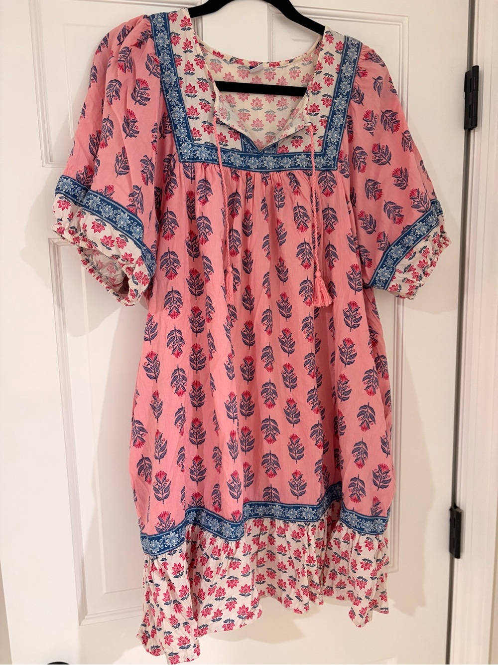 Old Navy Pink Floral Boho Dress with Blue Trim